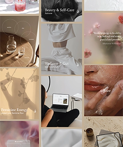 Grid mockup showing Butter and Glow social media posts covering wellness, beauty and self-care topics