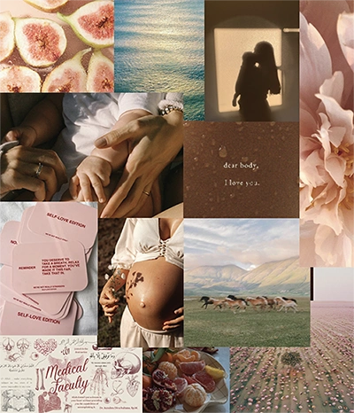 Brand moodboard for Dr. Fajer featuring warm, feminine tones with imagery of mothers, nature, and soft textures