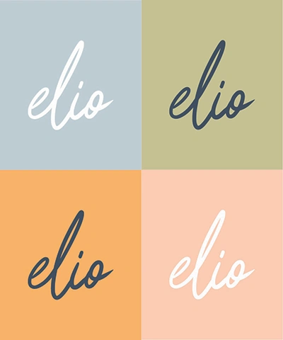Elio brand identity showing the logo in four colour variations: sage green, dusty blue, burnt orange and peach