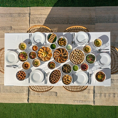 Aerial view of a full Elio outdoor dining spread laid across a long white table on a garden lawn