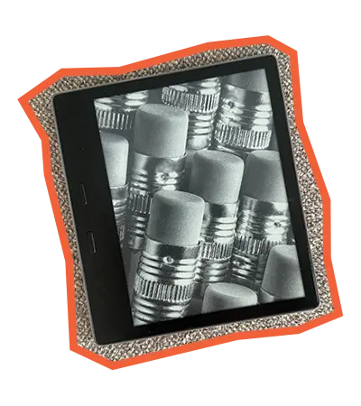 An e-reader, specifically the brand Kindle Oasis, with an orange outline and placed at an angle.