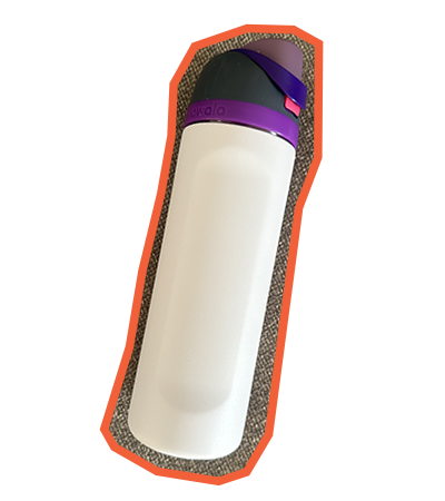 A white metal reusable waterbottle with purple accents, specifically the brand Owala. It's outlined with an orange border and placed at an angle.
